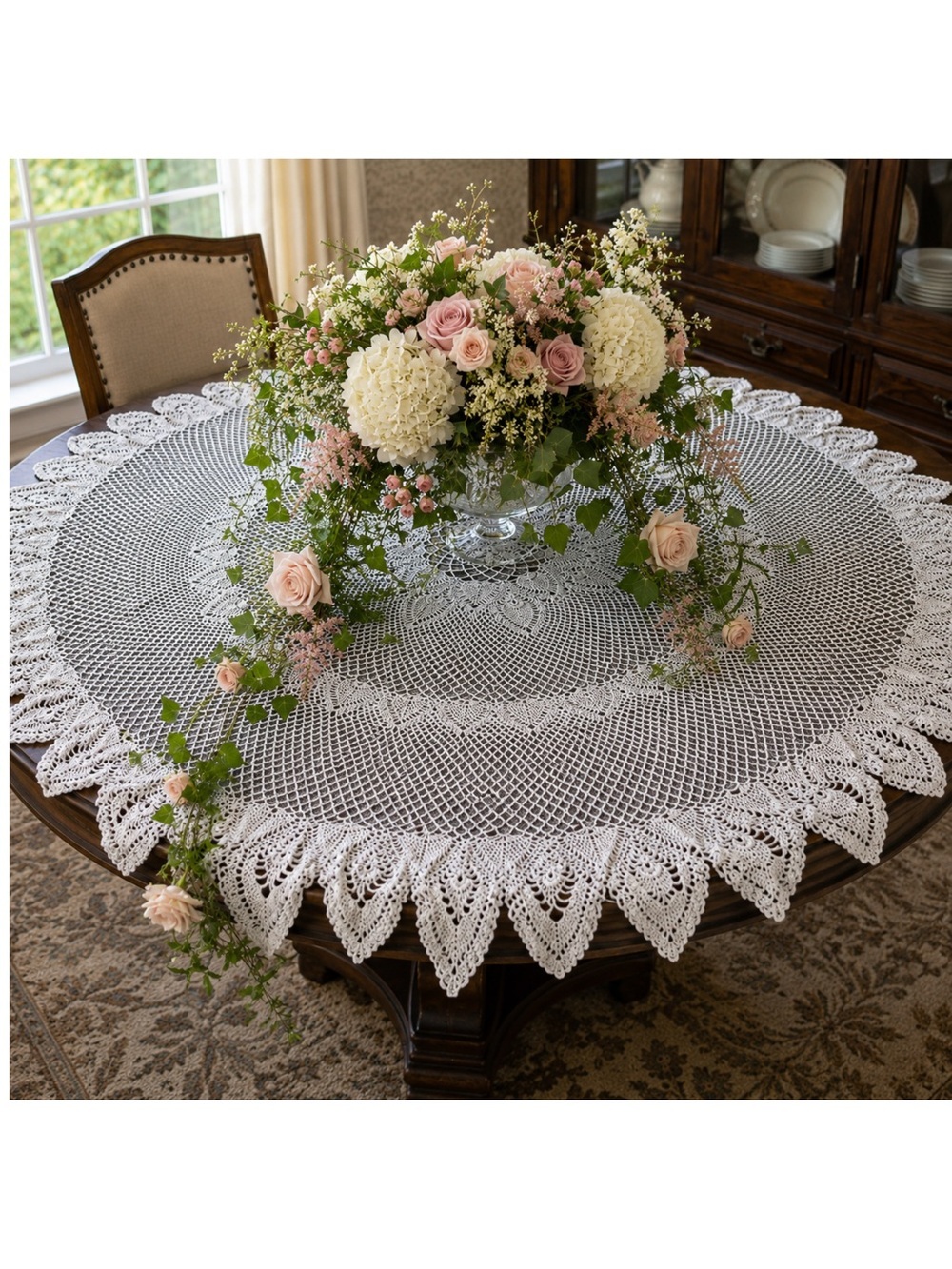 Handmade 60” White Floral Design Round Crochet Table Cloth Centerpiece VGC